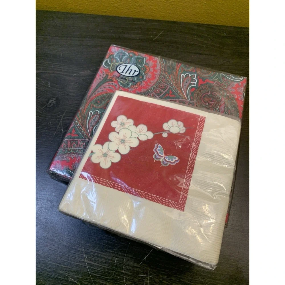 Vintage Hallmark Beverage Size‎ & IHR Lunch Napkins Floral Red Colorful Set
